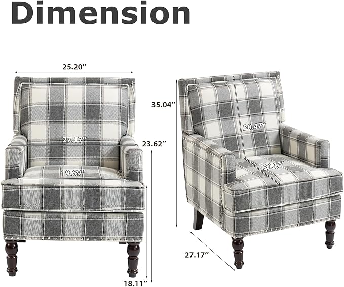 Plaid Accent Chair, Mid-Century Modern Armchair, Upholstered Decorative Reading - Image 3