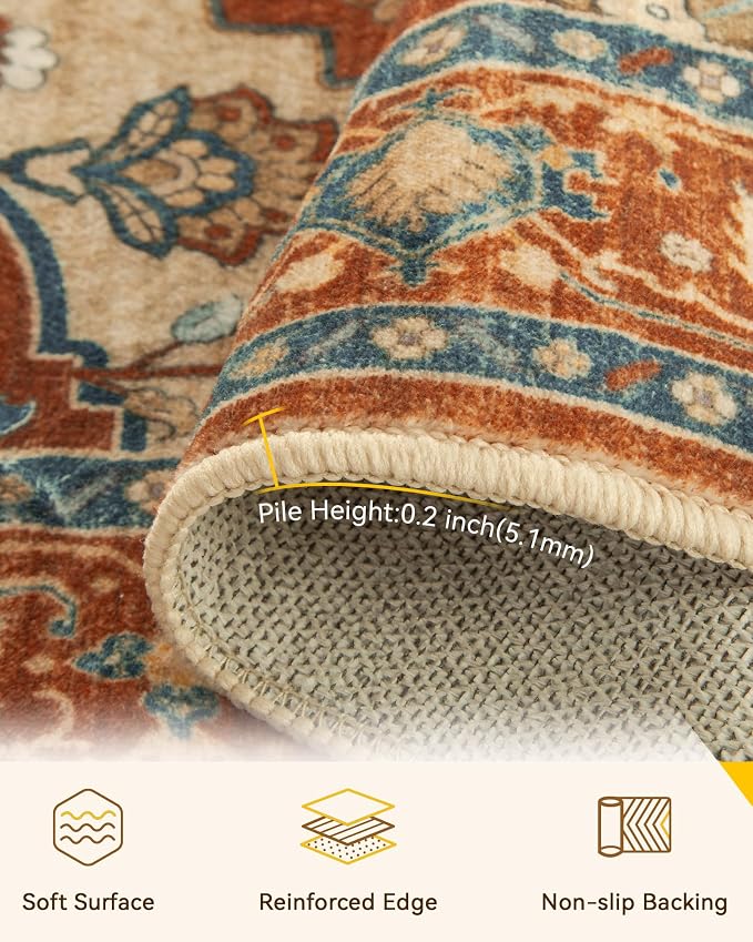 RELEANY Area Rugs Round 7ft Washable Non-Slip, Floral Vintage Distress Print - Image 3