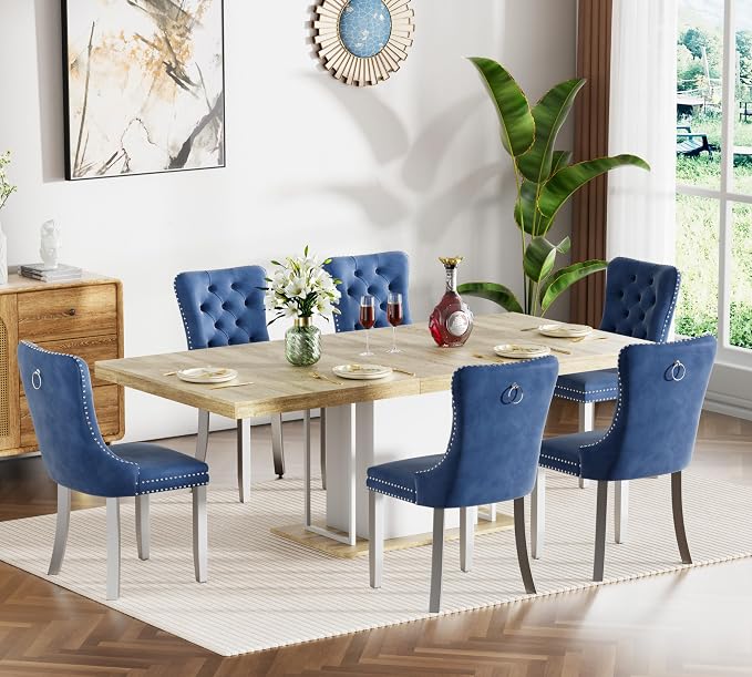 Henf 63"-79" Dining Table Set for 6, 7 Pieces Extendable Dining Table and 6 by Henf