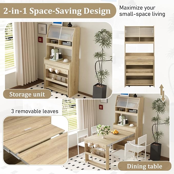 Spaco 2-in-1 Folding Dining Table and Buffet Cabinet Set, Compact Pull-Out - Image 6