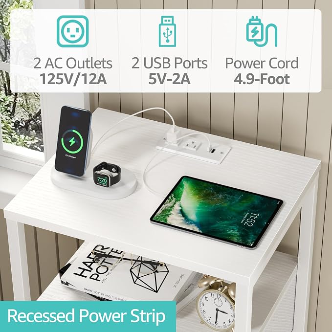 BOLUO White Nightstand with Charging Station, LED Night Stand with 2 Fabric - Image 5