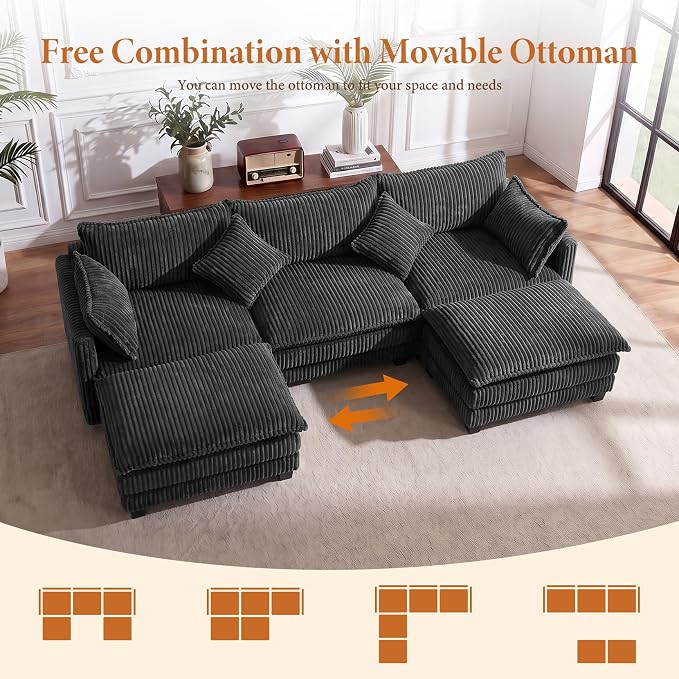 Vesgantti 109" U Shaped Cloud Sectional Sofa, Comfy Corduroy Upholstered - Image 7