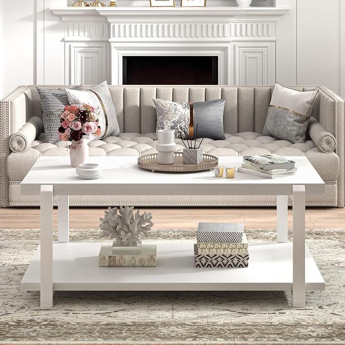 FOLUBAN White Coffee Table, Modern Rustic Wood and Metal Center Table - Image 5