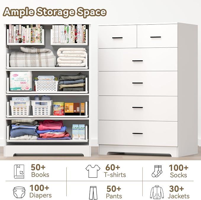 FJTJBSI Dresser with Power Outlets Wooden 6 Drawer Dresser with Large Organizer - Image 7