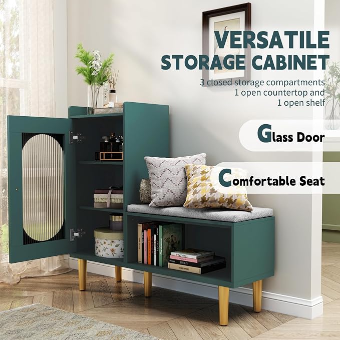 HLR Storage Bench with Glass Door&Shelf, Modern Entryway Shoe Cabinet Bench - Image 5