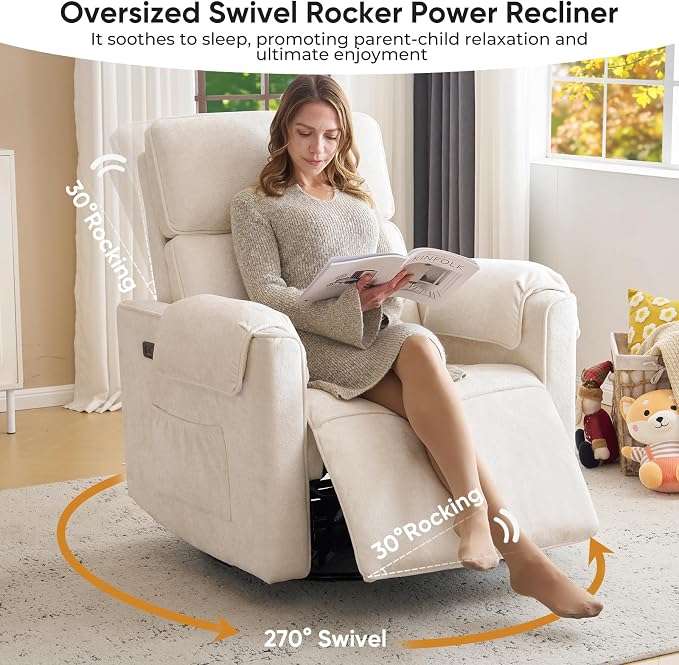 Oversized Power Rocker Recliner Chair, Chenille Glider Rocking Nursery Chair - Image 6