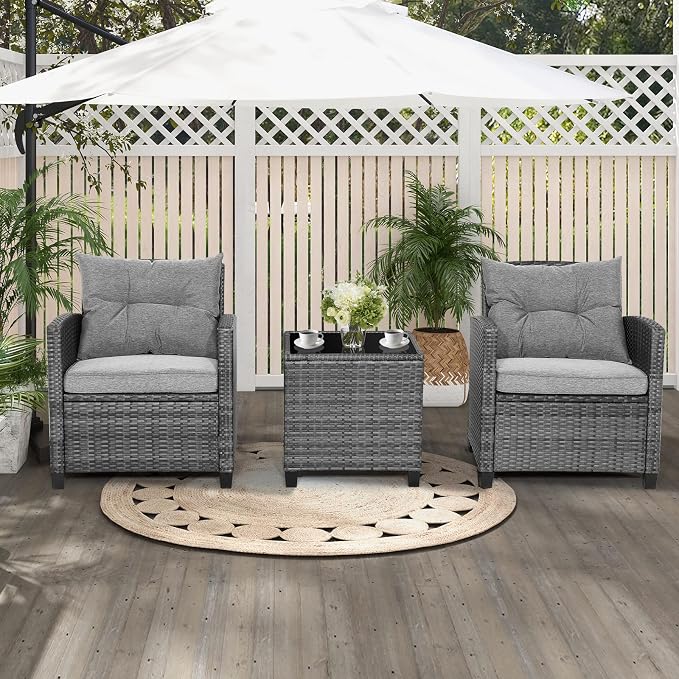 HAPPYGRILL 3 Pieces Patio Conversation Set, Outdoor Furniture Set PE Rattan - Image 2
