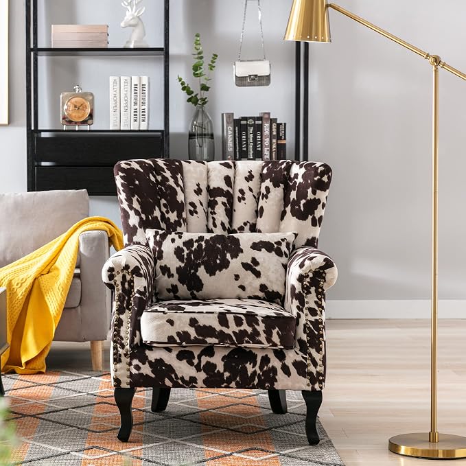 Cow Print Accent Chair Modern Velvet Armchair Tufted Wingback Club Chair Single - Image 2