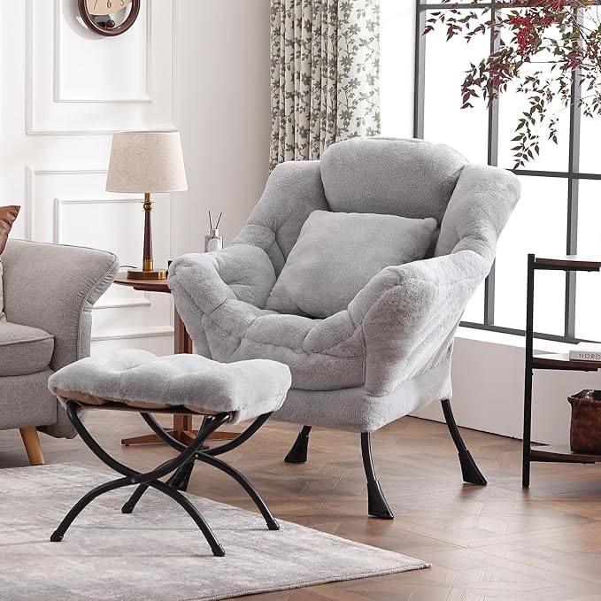 Lazy Chair with Ottoman, Large White Gray Lounge Accent Chair with Ottoman and - Image 5