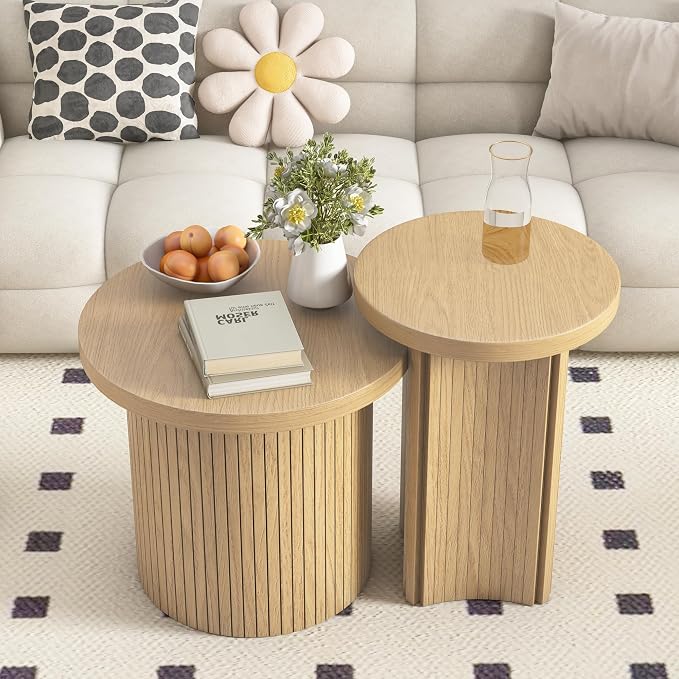 Set of 2 Nesting Coffee Tables Farmhouse, Round Coffee Tables Living Room - Image 6