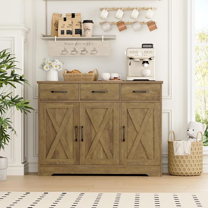 HOSTACK Modern Farmhouse Buffet Sideboard Cabinet, Barn Doors Storage Cabinet - Image 4