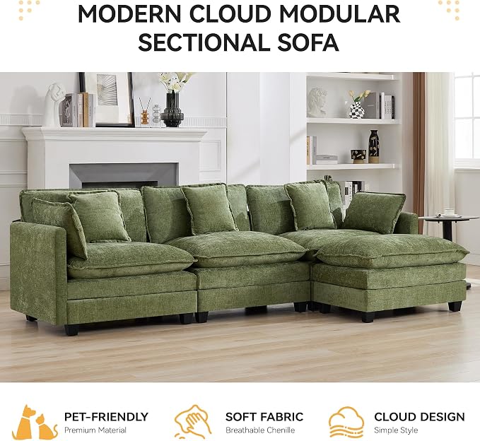 111'' Cloud Deep Seat Sectional Couch, Modern Comfy Chenille L Shaped Sectional - Image 7