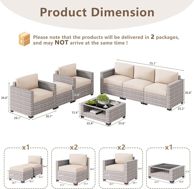 LOUVIXA 7 Piece Outdoor Patio Furniture Set, Rattan Chairs Glass Table Wicker - Image 2