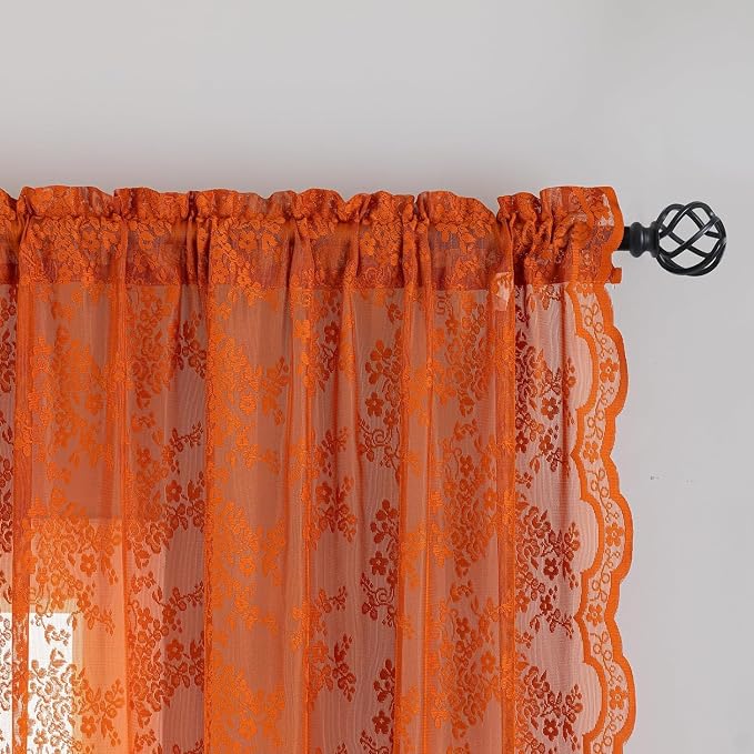 YJ YANJUN Vintage Lace Curtains 90 Inches Long-Rustic Floral Burnt Orange Sheer - Image 2