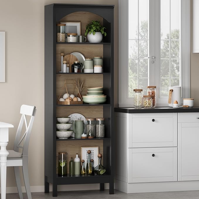 Arched Set of 2 Bookshelf with 5 Tier Open Shelves, Living Room, Modern Black - Image 7