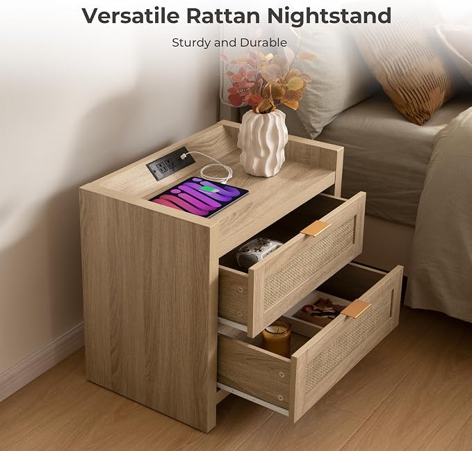 SICOTAS Rattan Nightstand Bedside Table - Image 6