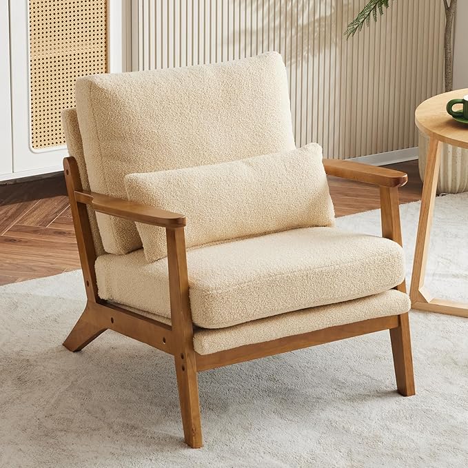 Karl home Accent Chair Wide Armrest Mid-Century Lounge Chair Teddy Fleece by Karlhome