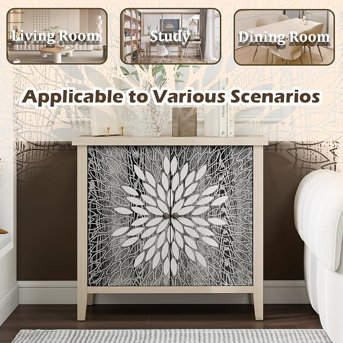 Black Accent Furniture, 32 Inch Wide 2-Door Carved Geometric Sideboard Buffet - Image 5