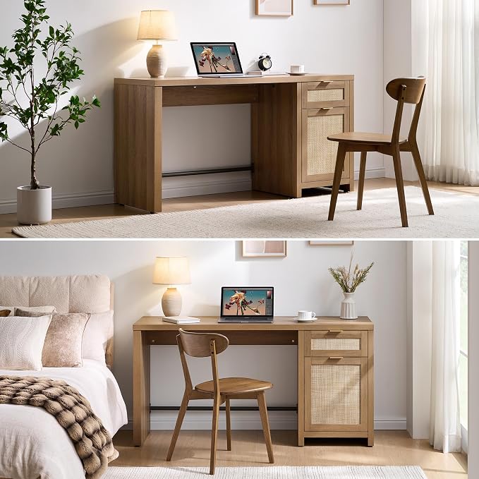 SICOTAS Rattan Home Office Desk, 2 Pieces Farmhouse Boho Executive Desk - Image 8