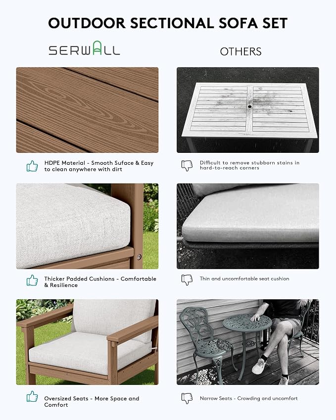 SERWALL HDPE Patio Sofa Set, 3-piece Sectional Outdoor Furniture Set, All - Image 6