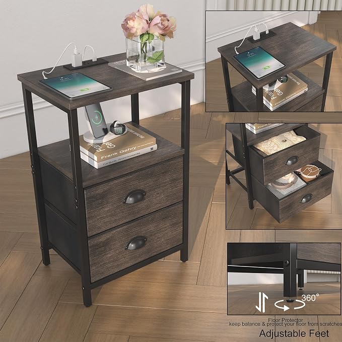sthmec Nightstand with Charging Station, LED Night Stand with 2 Fabric Drawers - Image 7