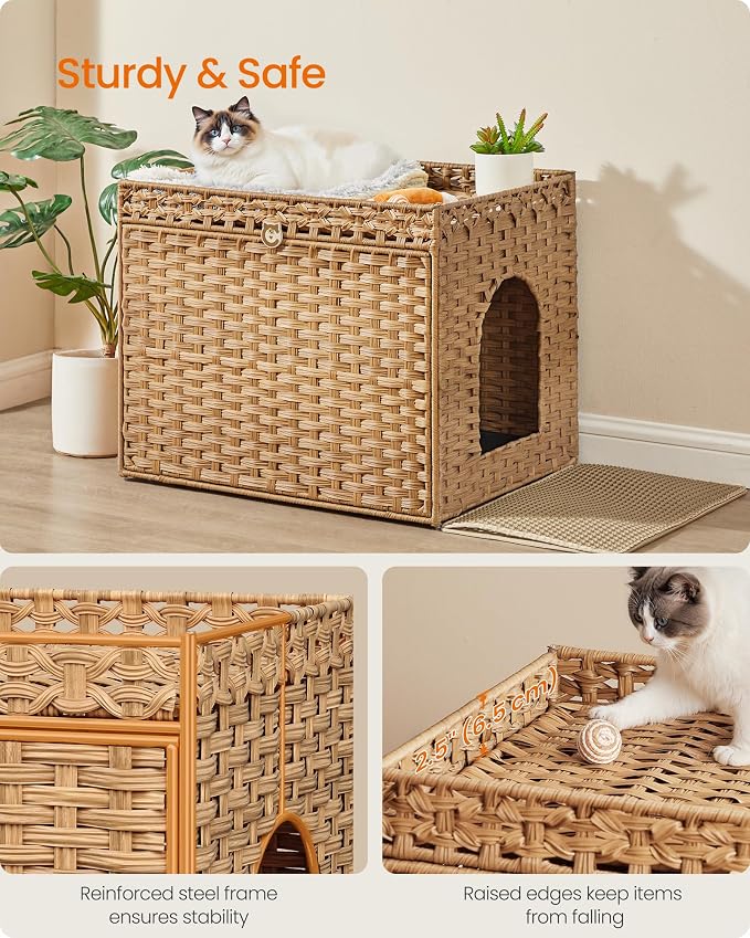 Feandrea Cat Litter Box Enclosure, Handwoven Rattan Hidden Litter Box Furniture - Image 4