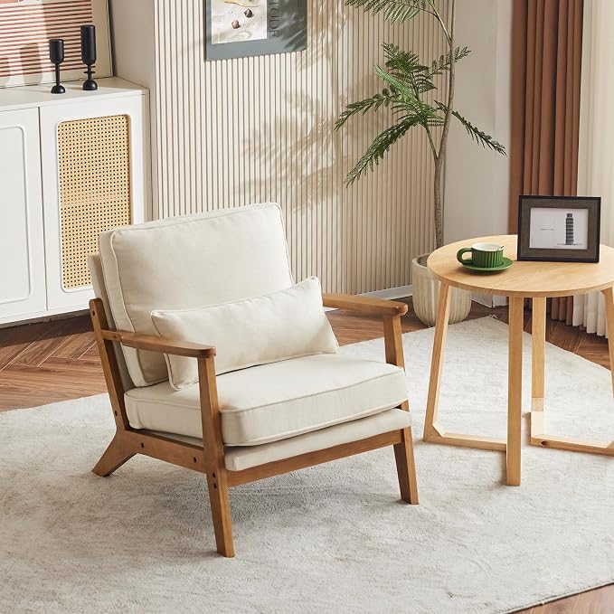 VINGLI Solid Wood Wide Armrests Accent Chair, Upholstered Mid Century Modern - Image 9