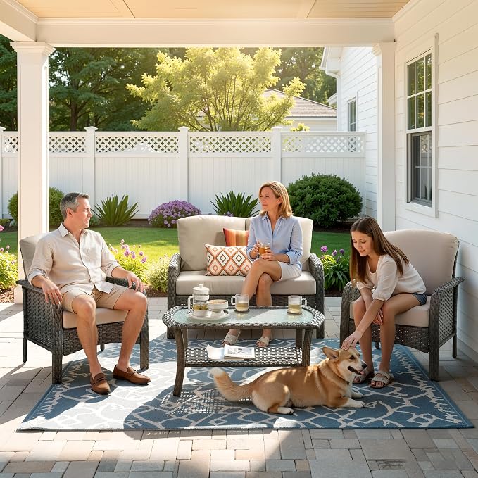 Weaxty Wicker Patio Furniture Set High Back Loveseat Sofa Couch Armchair Coffee - Image 9
