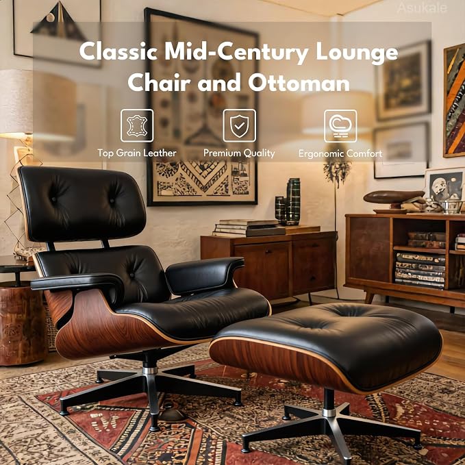Black PU Leather, Mid Century Chaise Lounge Chair and Ottoman, Leather Accent - Image 4