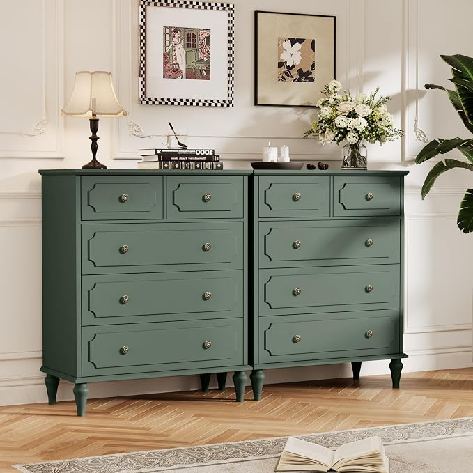 Green Dresser for Bedroom with 5 Drawers, Vintage Tall Dresser with Smooth - Image 7