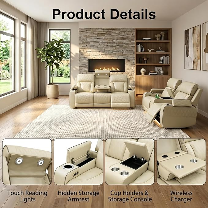Power Recliner Sofa Set with LED Lights, Includes a Manual Loveseat and a 3 - Image 3