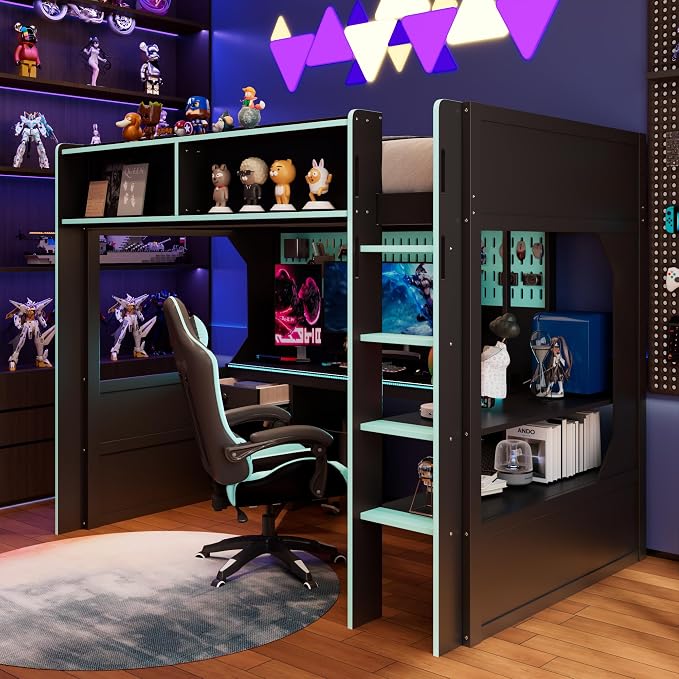 Modern Gaming Loft Bed with Built-in Desk, LED Lighting & Charging Hub –Twin - Image 4