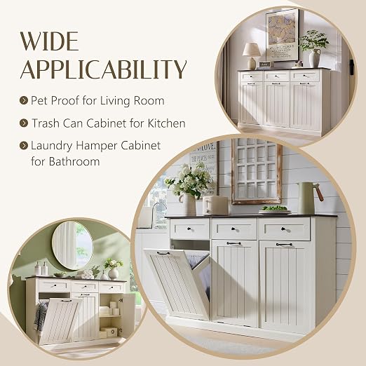 IFGET Triple Tilt Out Trash Can Cabinet, 20 Gallon Farmhouse Laundry Hamper - Image 4