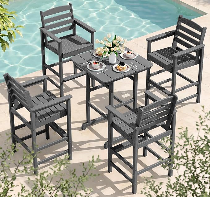 SERWALL 5 Pieces Outdoor Patio Bar Set, Tall Adirondack Bar Chair and Table Set by SERWALL