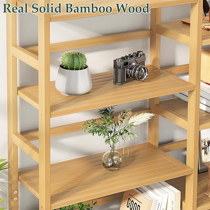 Homykic Bamboo Bookshelf, 71” Tall Triple Wide Bookcase - Image 9
