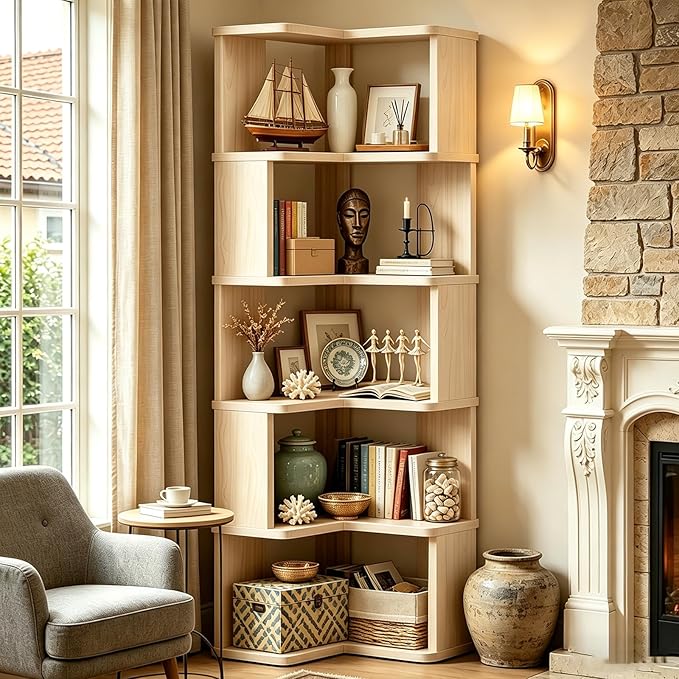 Tall Corner Bookshelf, 6 Tier Corner Book Shelf Etagere Bookcase by ALKSDNQ