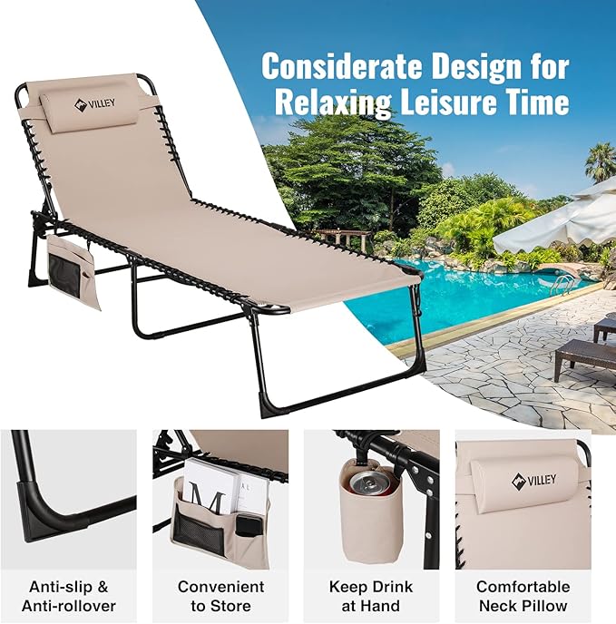 VILLEY Oversized Chaise Lounge Chair, Heavy-Duty Folding Outdoor Lounge Chair - Image 5