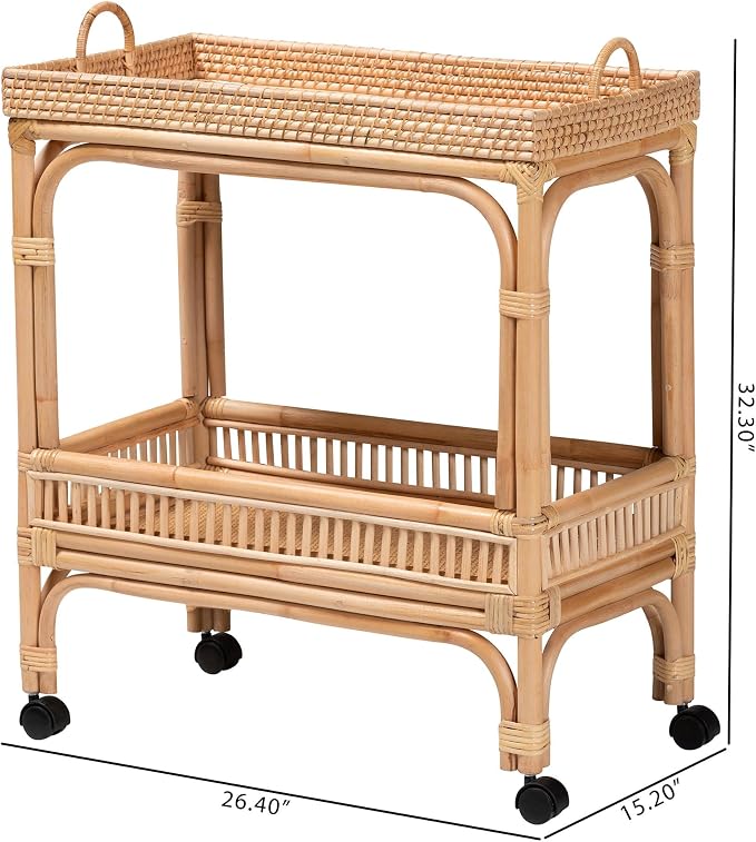 Bali & pari Lombok Modern Bohemian Natural Rattan 2-Tier Wine Cart - Image 10