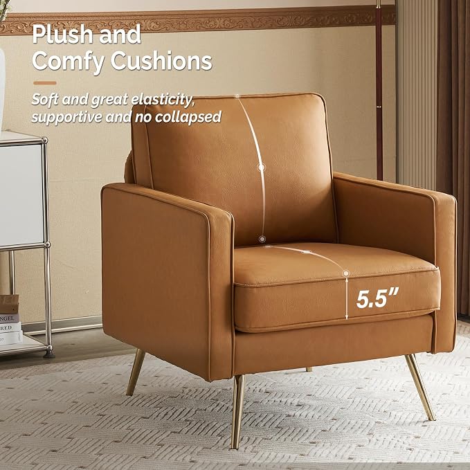 VINGLI PU Leather Accent Chair Brown Mid Century Modern Upholstered Sofa Chairs - Image 4