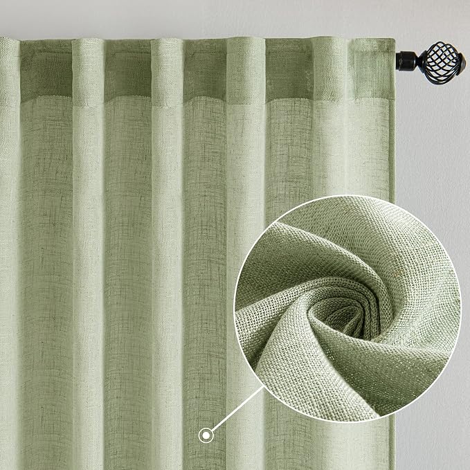 MIULEE Sage Green Linen Curtains 100 Inch Length 2 Panels - Image 2