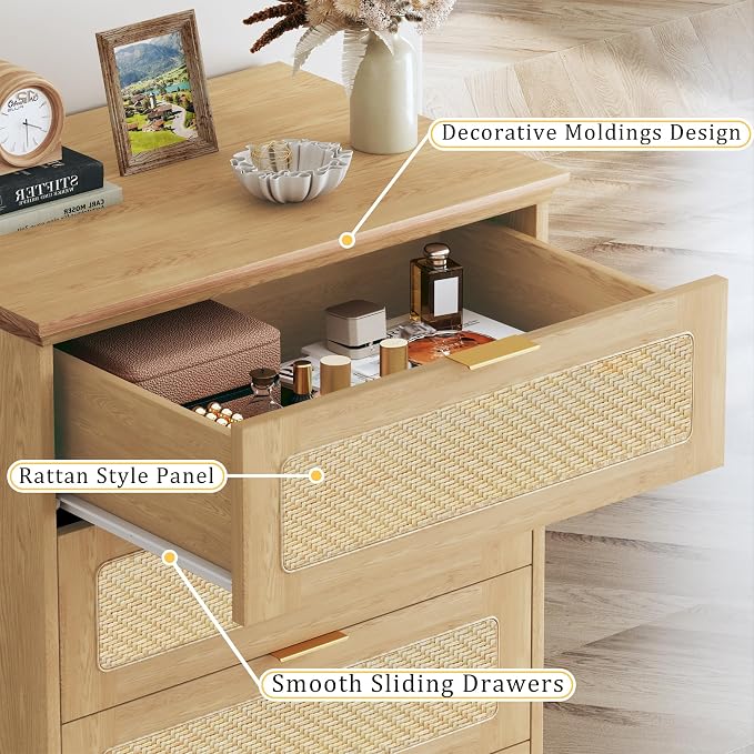 HUAHUU 6 Drawer Dresser for Bedroom, 50 Inch Tall Dressers & Rattan Chest of - Image 3