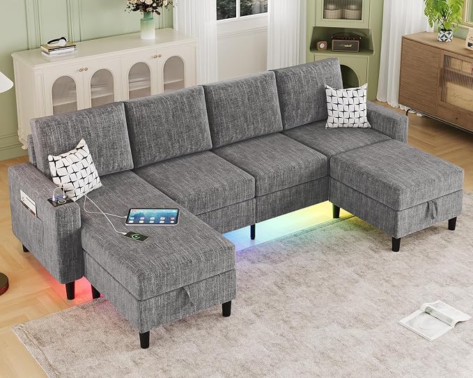 Sectional Couches for Living Room, 6-Seats Soft Linen Fabric Sectional Sofa by BULAIMEIKEEY