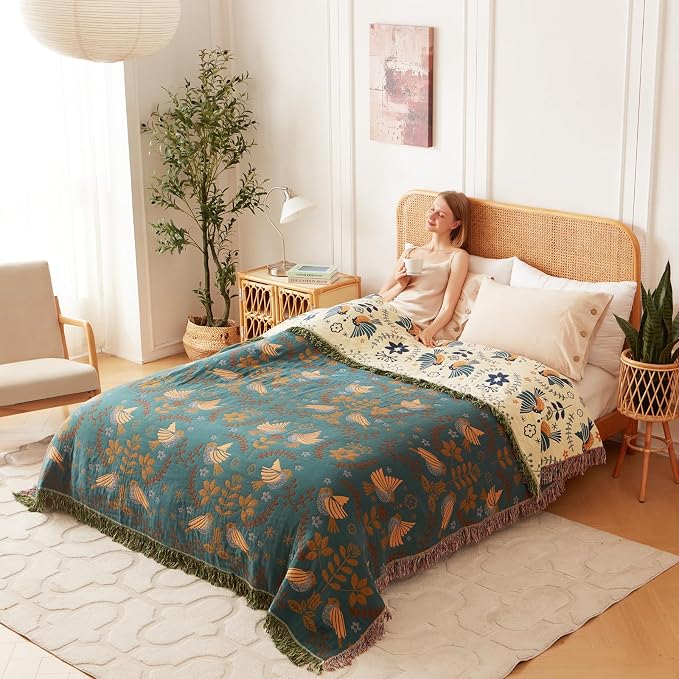 LUTBM King Throw Blanket for Bed 100% Cotton Boho Soft Rustic Quilt Birds and - Image 5