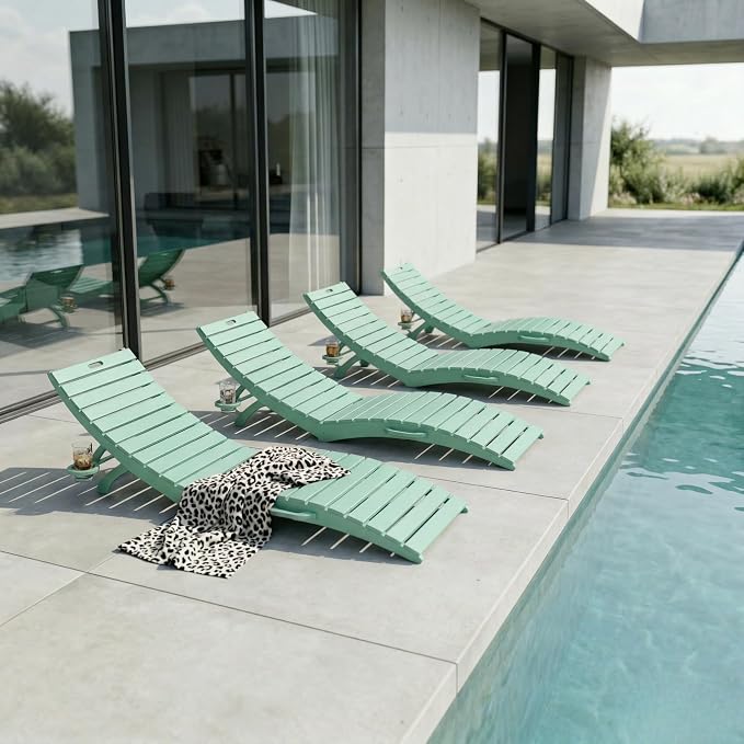 Folding HDPE Pool Lounge Chairs Set of 4, Pre-Assembled Outdoor Chaise Lounge by YourPerfectOutdoorEscape
