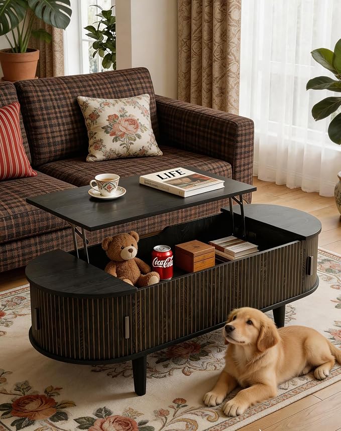 Oval Coffee Table with Storage, 47.2" Fluted Lift Top Coffee Table with 180° - Image 7