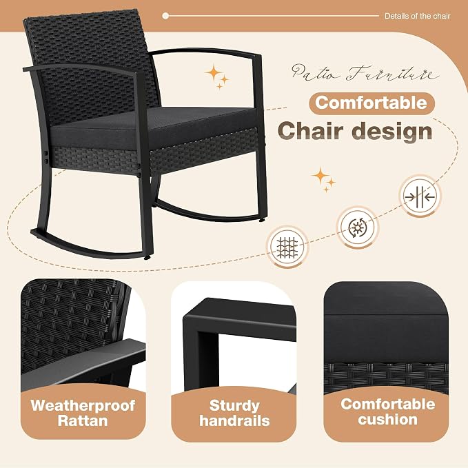 Greesum 3 Pieces Outdoor Furniture Set Patio Bistro Rocking Chairs - Image 3