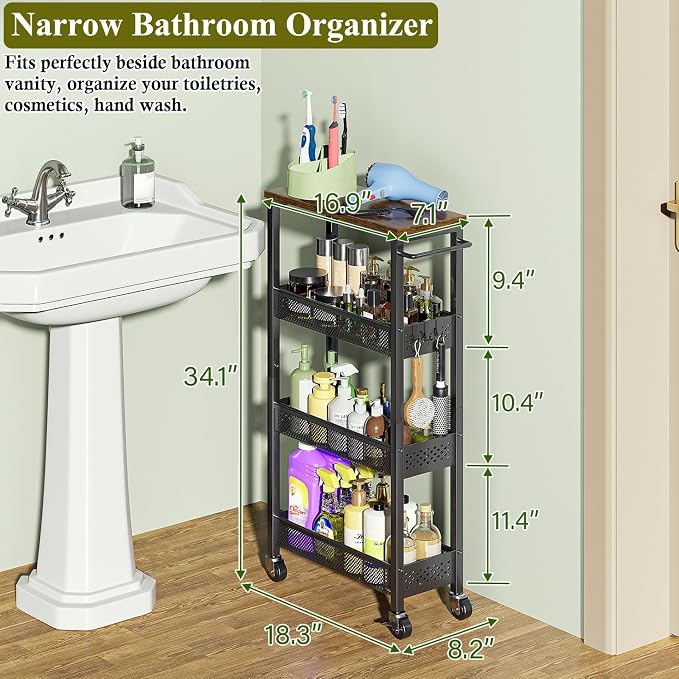OKZEST Utility Slim Storage Cart, 4 Tier Small Rolling Kitchen Laundry Room Cart - Image 3