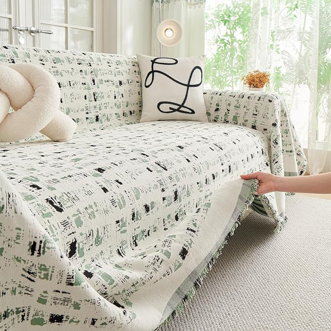 DREAMINGO Abstract Chenille Couch Cover Blanket Beige Green Black Boho Sofa - Image 4