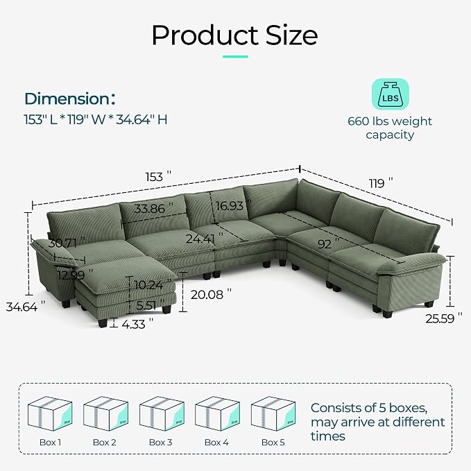 LINSY HOME Modular Sectional Sofa, 6-Seat Corduroy Modern Cloud Couch - Image 2