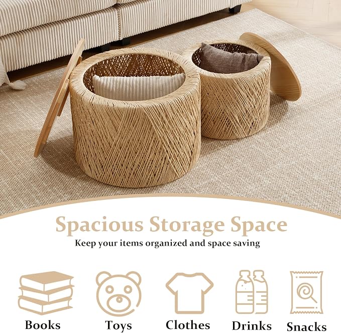 Kmax 24" Round Wood Nesting Coffee Table Set of 2 Handcraft Woven & Rope Rattan - Image 5